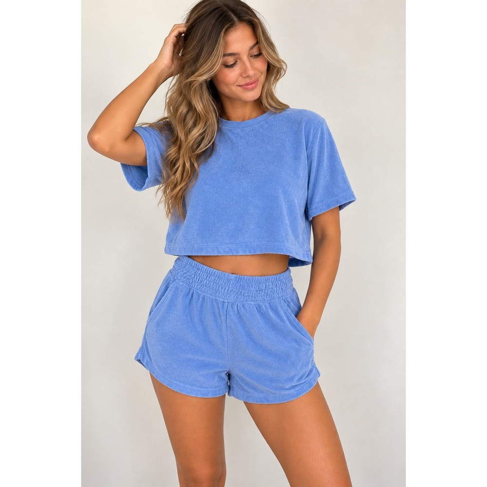 H&M Divided Blue Terry Cloth Crop Top & Shorts Set S/XS